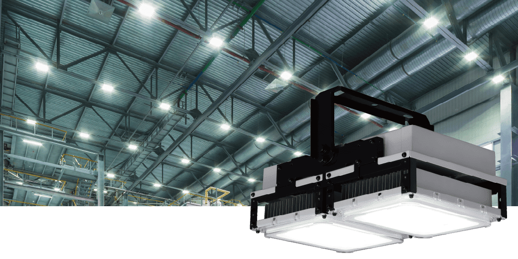 鉄骨の倉庫の天井と商品「高天井用LED照明」